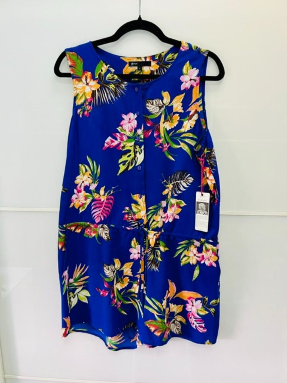 NWT Gibson L Blue Tropical Floral Romper Sleeveless Pockets Shorts